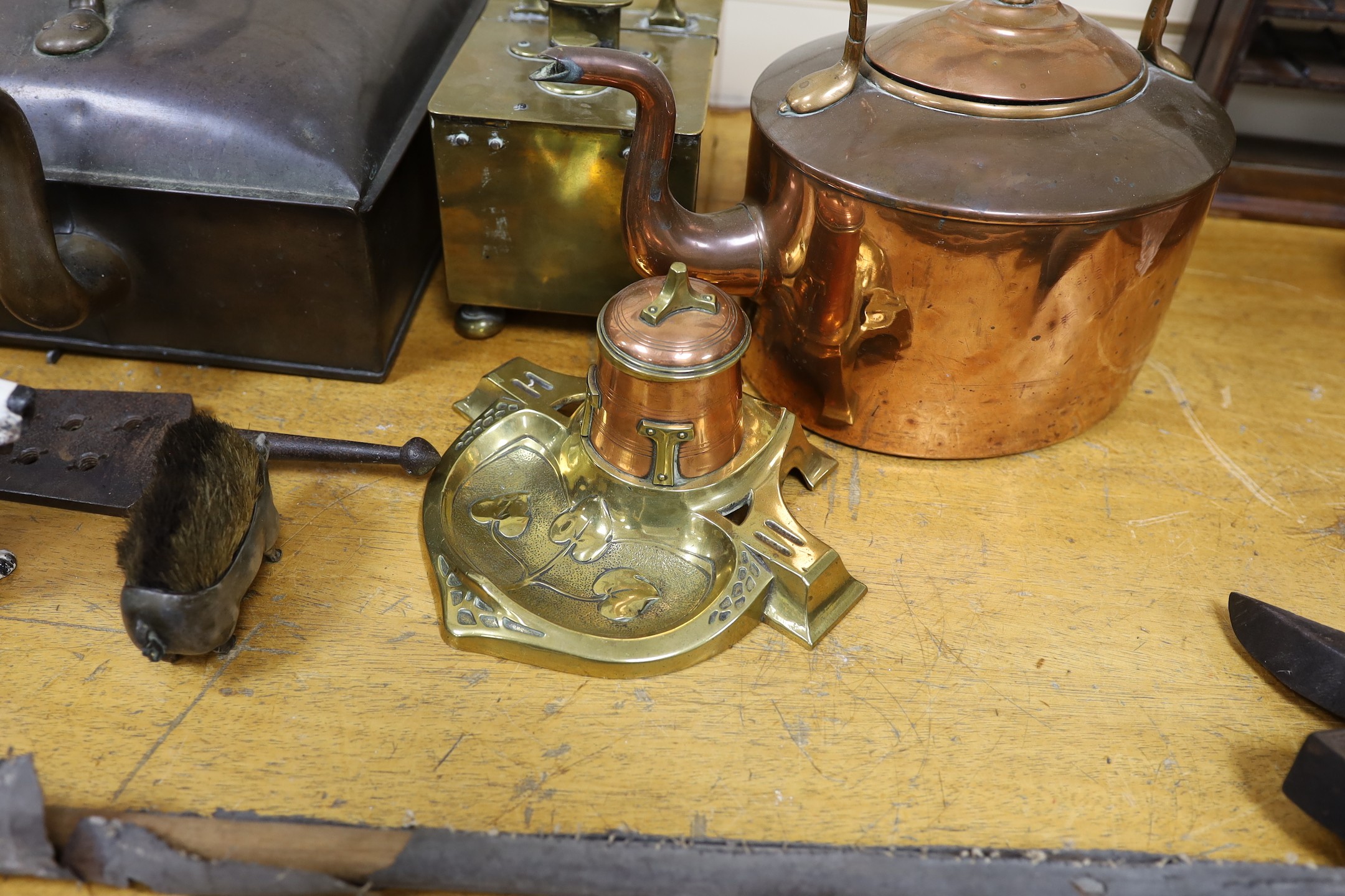 Mixed metalwares including an art nouveau copper and brass inkwell, painted model of a spaniel, honour box etc